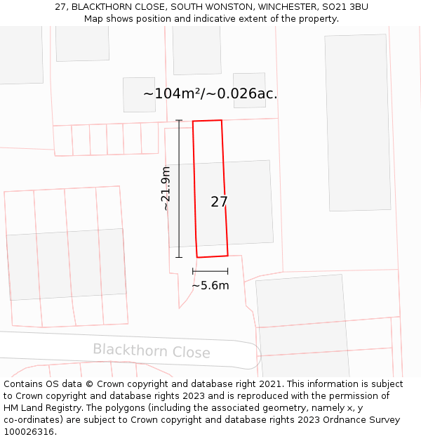 27, BLACKTHORN CLOSE, SOUTH WONSTON, WINCHESTER, SO21 3BU: Plot and title map