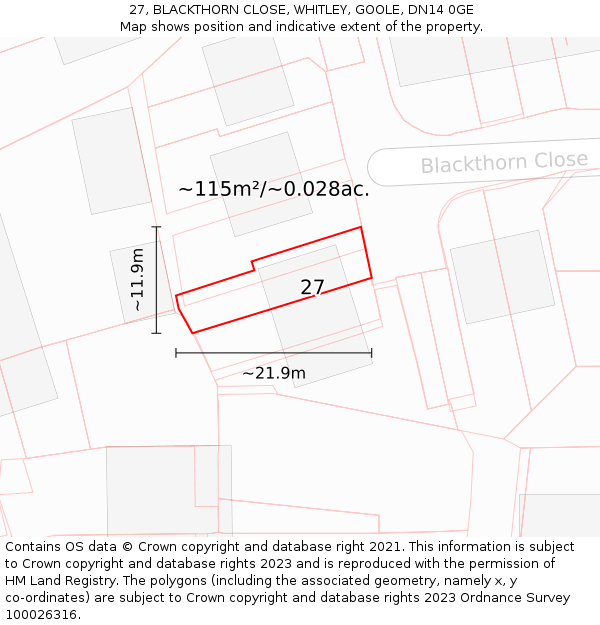 27, BLACKTHORN CLOSE, WHITLEY, GOOLE, DN14 0GE: Plot and title map