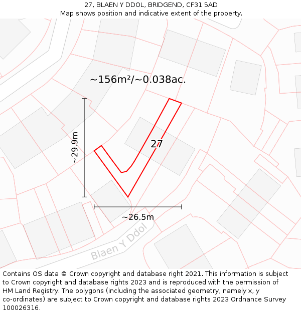 27, BLAEN Y DDOL, BRIDGEND, CF31 5AD: Plot and title map