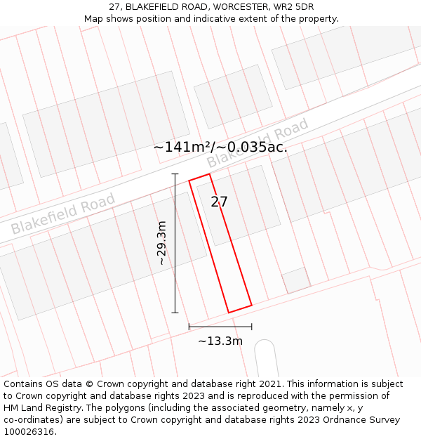 27, BLAKEFIELD ROAD, WORCESTER, WR2 5DR: Plot and title map