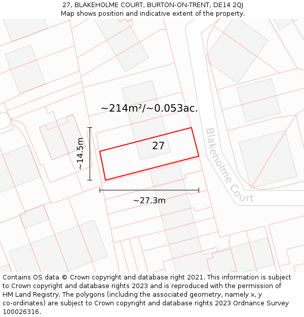 27, BLAKEHOLME COURT, BURTON-ON-TRENT, DE14 2QJ: Plot and title map