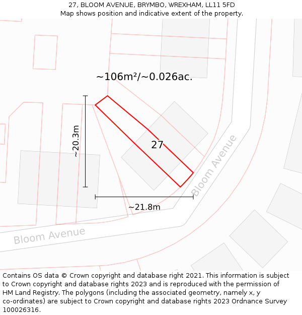 27, BLOOM AVENUE, BRYMBO, WREXHAM, LL11 5FD: Plot and title map