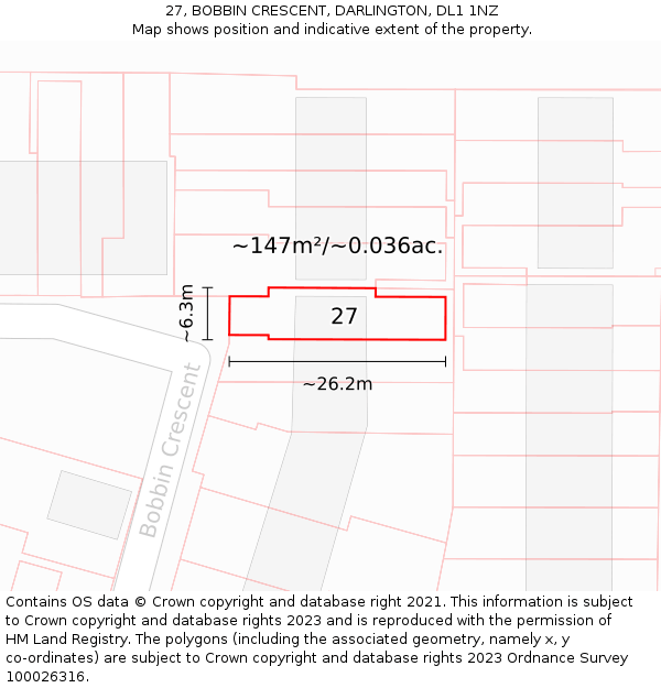 27, BOBBIN CRESCENT, DARLINGTON, DL1 1NZ: Plot and title map