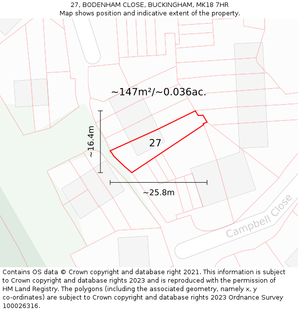 27, BODENHAM CLOSE, BUCKINGHAM, MK18 7HR: Plot and title map