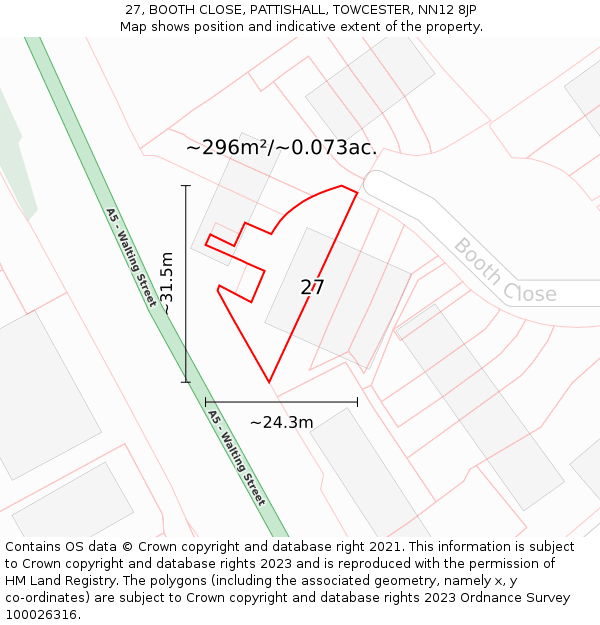 27, BOOTH CLOSE, PATTISHALL, TOWCESTER, NN12 8JP: Plot and title map