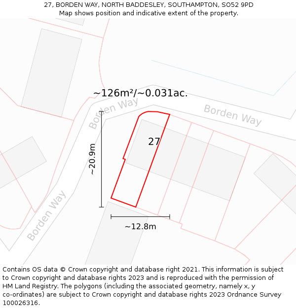 27, BORDEN WAY, NORTH BADDESLEY, SOUTHAMPTON, SO52 9PD: Plot and title map