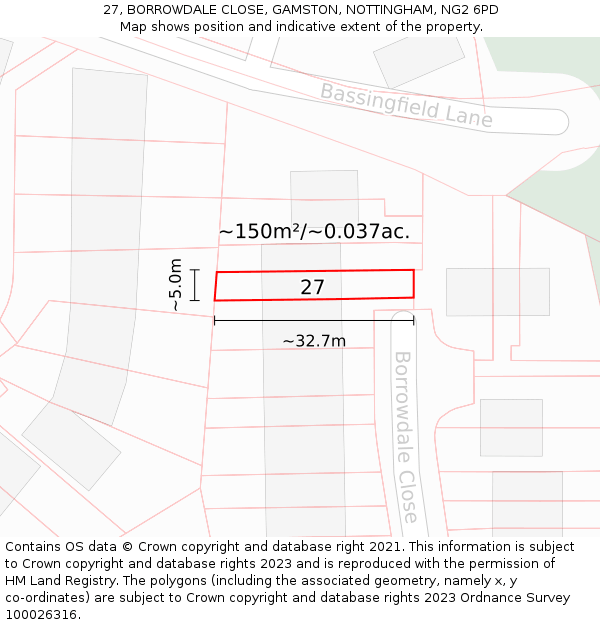 27, BORROWDALE CLOSE, GAMSTON, NOTTINGHAM, NG2 6PD: Plot and title map