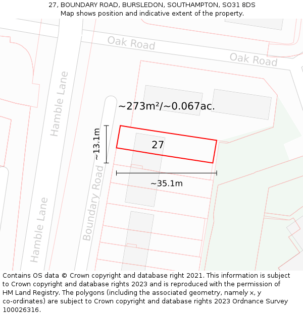 27, BOUNDARY ROAD, BURSLEDON, SOUTHAMPTON, SO31 8DS: Plot and title map