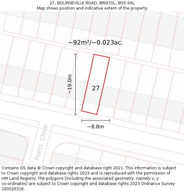 27, BOURNEVILLE ROAD, BRISTOL, BS5 9AL: Plot and title map