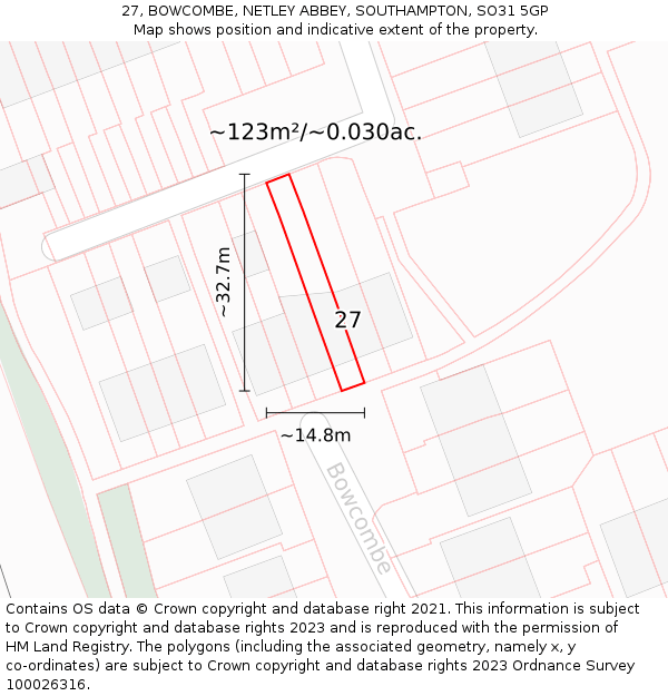 27, BOWCOMBE, NETLEY ABBEY, SOUTHAMPTON, SO31 5GP: Plot and title map