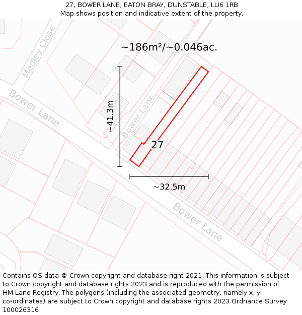 27, BOWER LANE, EATON BRAY, DUNSTABLE, LU6 1RB: Plot and title map