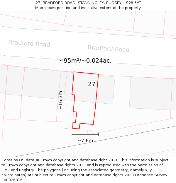 27, BRADFORD ROAD, STANNINGLEY, PUDSEY, LS28 6AT: Plot and title map
