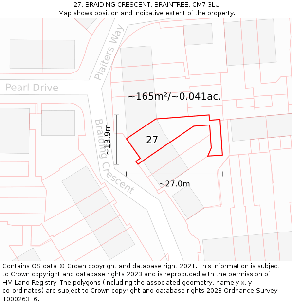 27, BRAIDING CRESCENT, BRAINTREE, CM7 3LU: Plot and title map