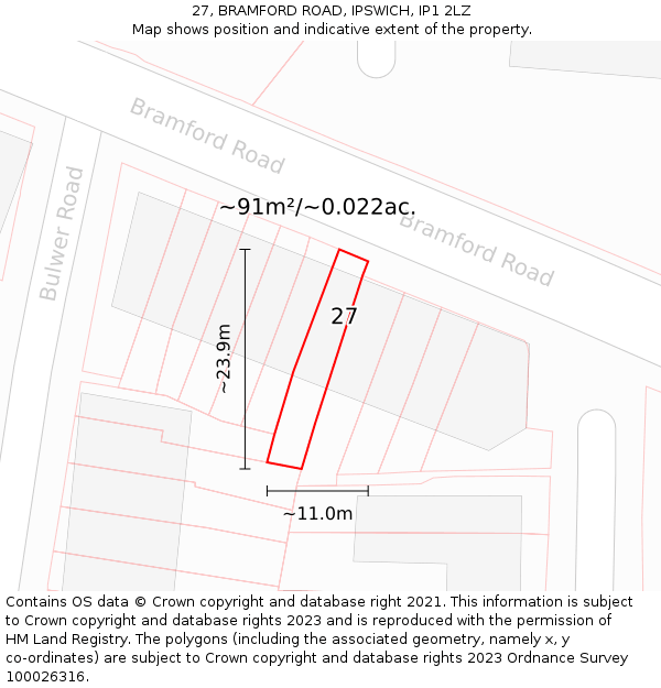 27, BRAMFORD ROAD, IPSWICH, IP1 2LZ: Plot and title map