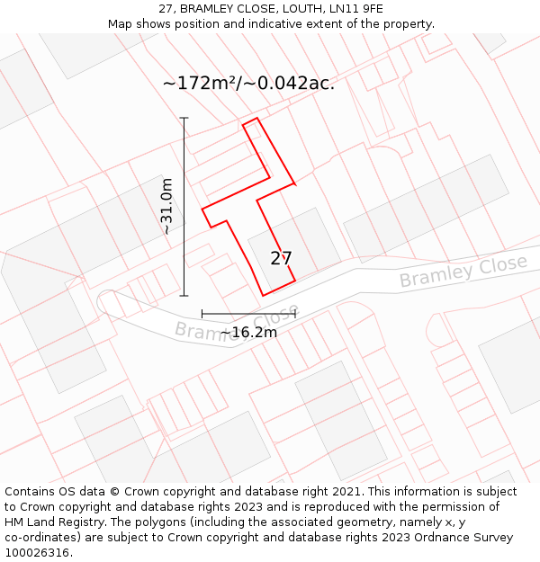 27, BRAMLEY CLOSE, LOUTH, LN11 9FE: Plot and title map