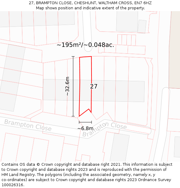 27, BRAMPTON CLOSE, CHESHUNT, WALTHAM CROSS, EN7 6HZ: Plot and title map