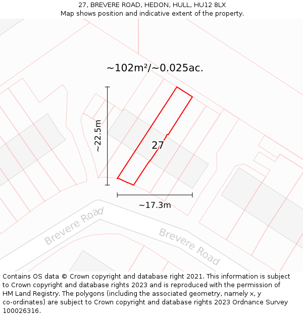 27, BREVERE ROAD, HEDON, HULL, HU12 8LX: Plot and title map