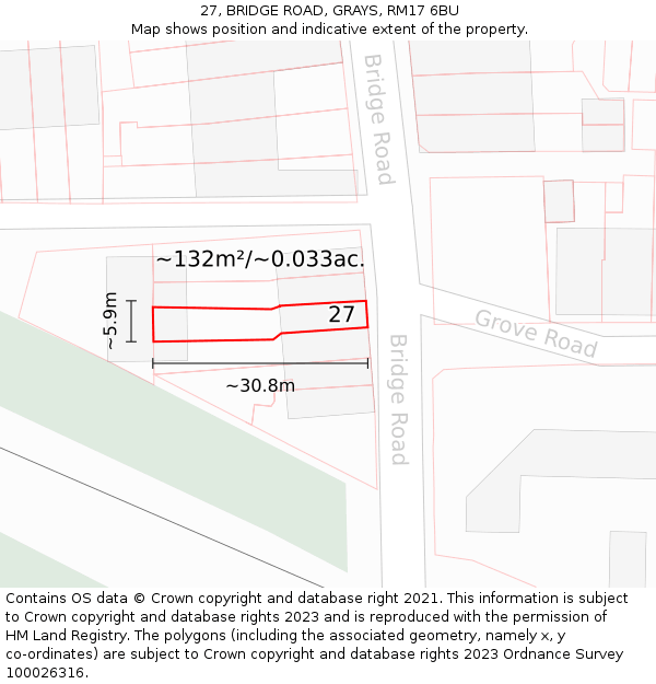 27, BRIDGE ROAD, GRAYS, RM17 6BU: Plot and title map