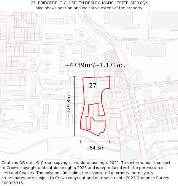 27, BRIDGEFIELD CLOSE, TYLDESLEY, MANCHESTER, M29 8QX: Plot and title map