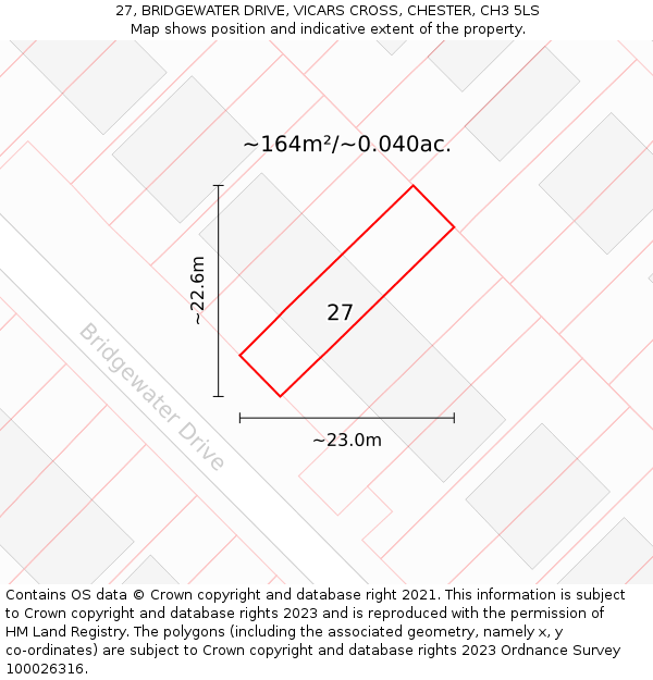 27, BRIDGEWATER DRIVE, VICARS CROSS, CHESTER, CH3 5LS: Plot and title map