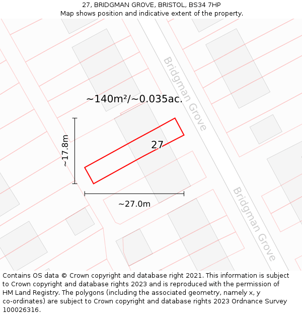 27, BRIDGMAN GROVE, BRISTOL, BS34 7HP: Plot and title map