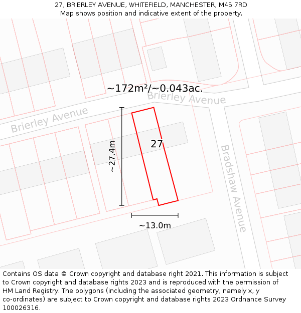 27, BRIERLEY AVENUE, WHITEFIELD, MANCHESTER, M45 7RD: Plot and title map