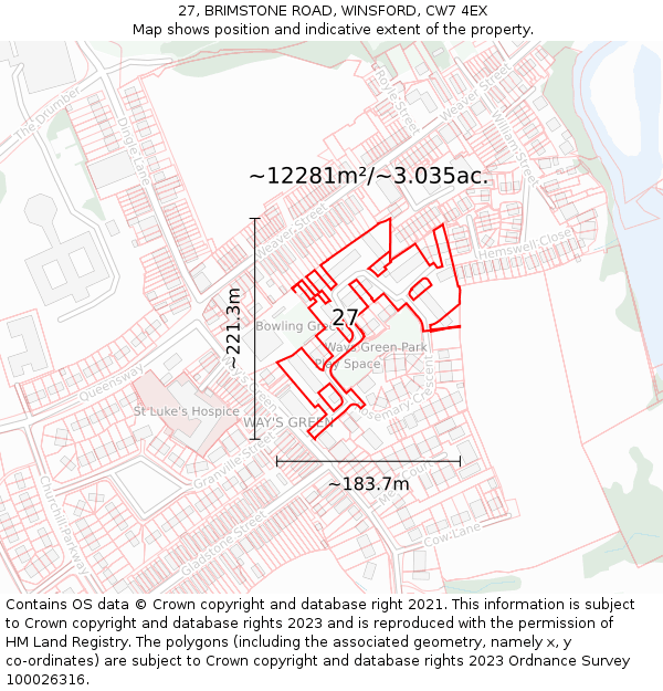 27, BRIMSTONE ROAD, WINSFORD, CW7 4EX: Plot and title map