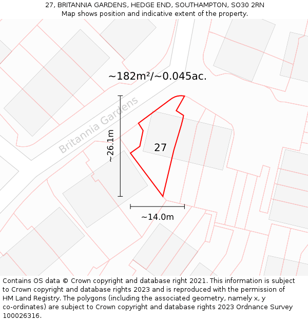 27, BRITANNIA GARDENS, HEDGE END, SOUTHAMPTON, SO30 2RN: Plot and title map