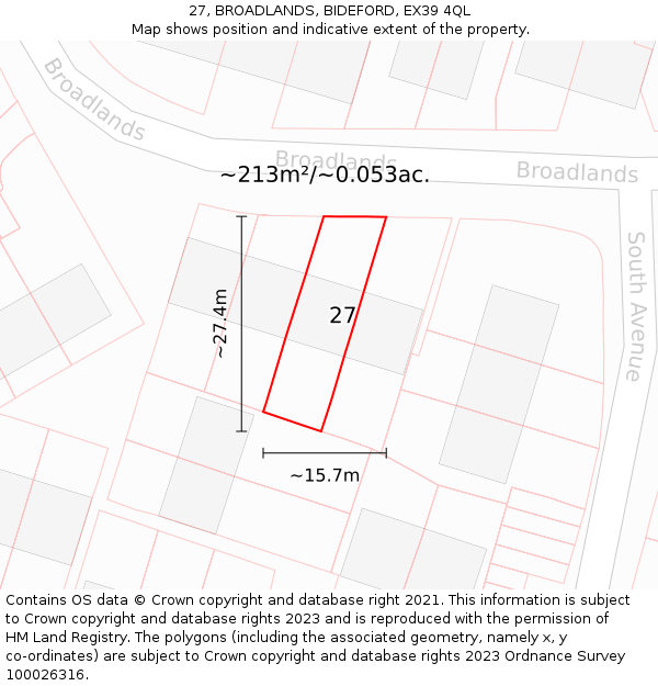 27, BROADLANDS, BIDEFORD, EX39 4QL: Plot and title map
