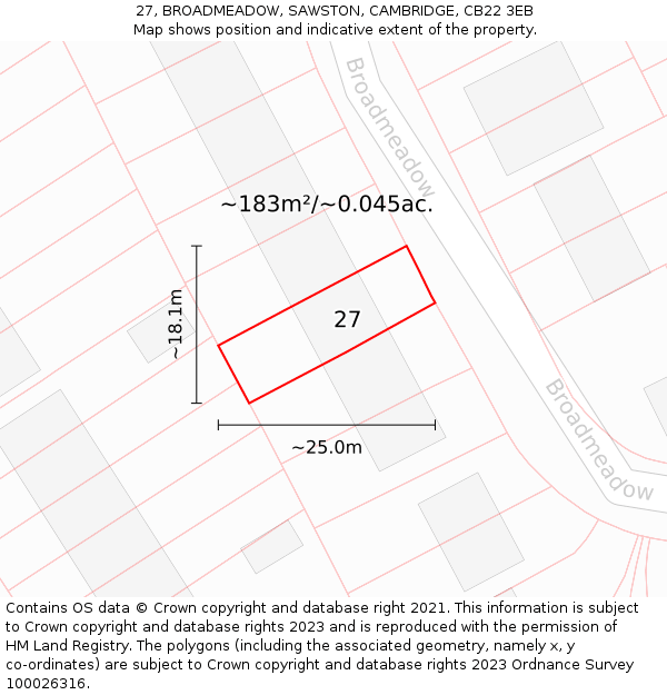 27, BROADMEADOW, SAWSTON, CAMBRIDGE, CB22 3EB: Plot and title map