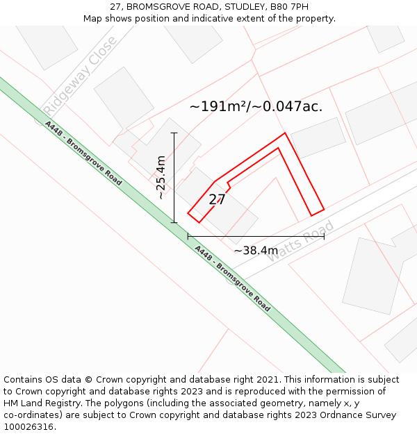 27, BROMSGROVE ROAD, STUDLEY, B80 7PH: Plot and title map