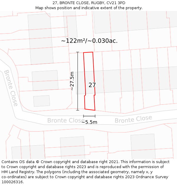 27, BRONTE CLOSE, RUGBY, CV21 3PD: Plot and title map