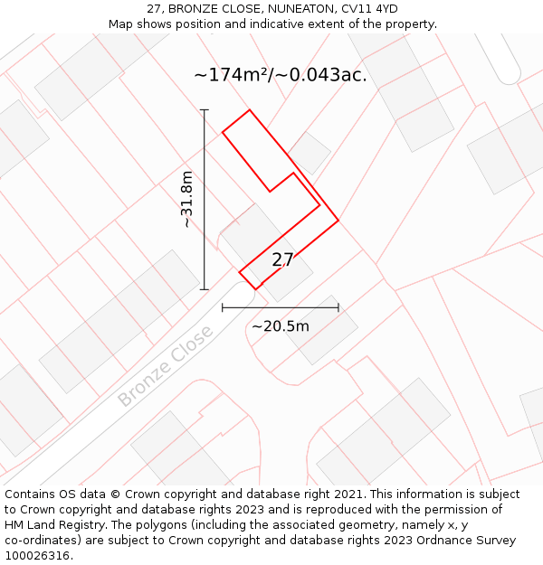 27, BRONZE CLOSE, NUNEATON, CV11 4YD: Plot and title map