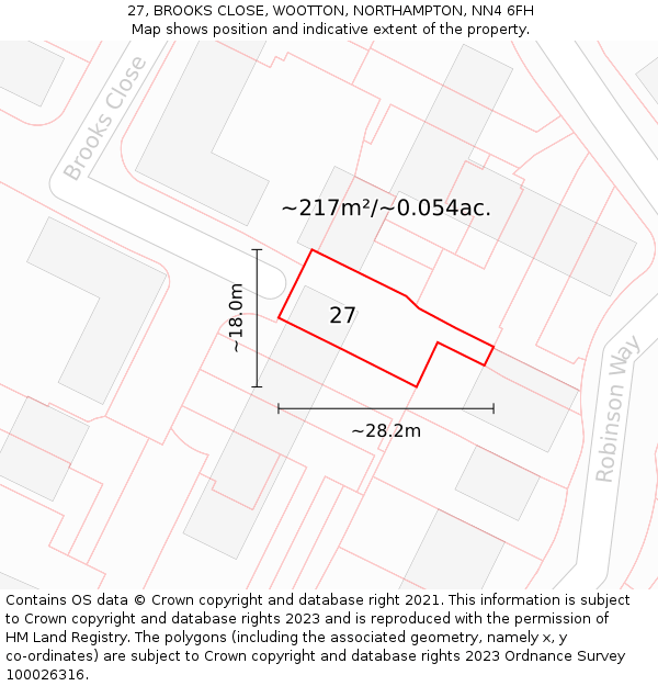 27, BROOKS CLOSE, WOOTTON, NORTHAMPTON, NN4 6FH: Plot and title map