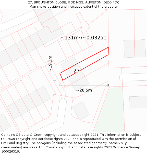27, BROUGHTON CLOSE, RIDDINGS, ALFRETON, DE55 4DQ: Plot and title map