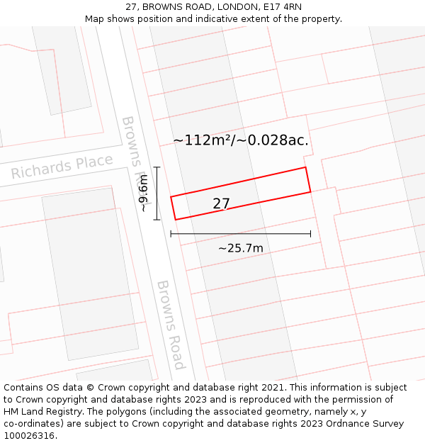 27, BROWNS ROAD, LONDON, E17 4RN: Plot and title map