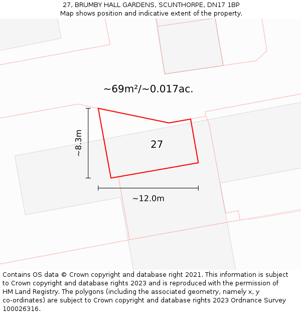 27, BRUMBY HALL GARDENS, SCUNTHORPE, DN17 1BP: Plot and title map