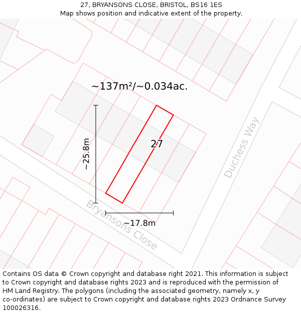 27, BRYANSONS CLOSE, BRISTOL, BS16 1ES: Plot and title map