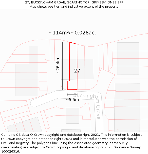 27, BUCKINGHAM GROVE, SCARTHO TOP, GRIMSBY, DN33 3RR: Plot and title map