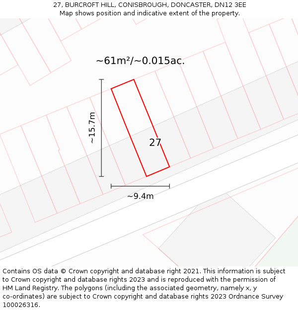 27, BURCROFT HILL, CONISBROUGH, DONCASTER, DN12 3EE: Plot and title map