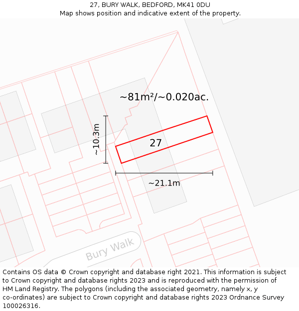 27, BURY WALK, BEDFORD, MK41 0DU: Plot and title map