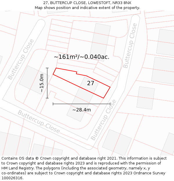 27, BUTTERCUP CLOSE, LOWESTOFT, NR33 8NX: Plot and title map