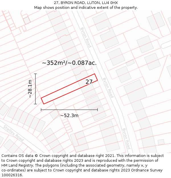 27, BYRON ROAD, LUTON, LU4 0HX: Plot and title map