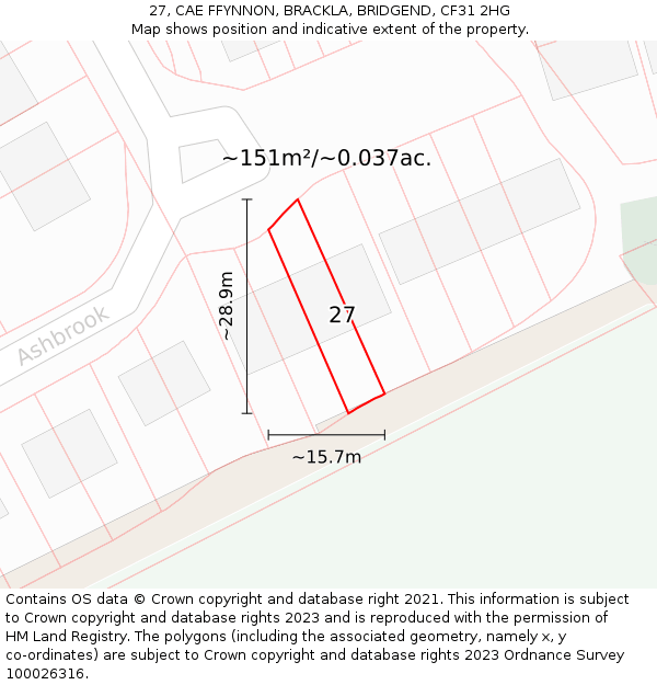 27, CAE FFYNNON, BRACKLA, BRIDGEND, CF31 2HG: Plot and title map