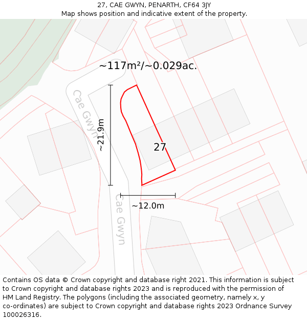 27, CAE GWYN, PENARTH, CF64 3JY: Plot and title map