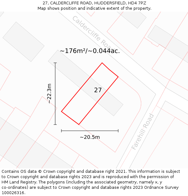 27, CALDERCLIFFE ROAD, HUDDERSFIELD, HD4 7PZ: Plot and title map