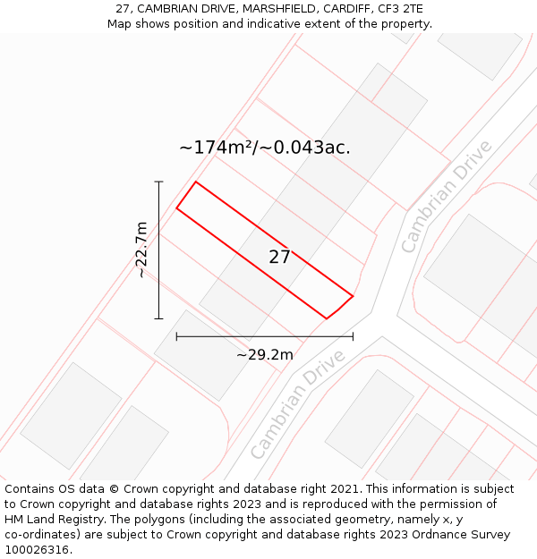 27, CAMBRIAN DRIVE, MARSHFIELD, CARDIFF, CF3 2TE: Plot and title map