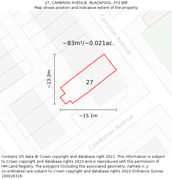 27, CAMERON AVENUE, BLACKPOOL, FY3 8RF: Plot and title map