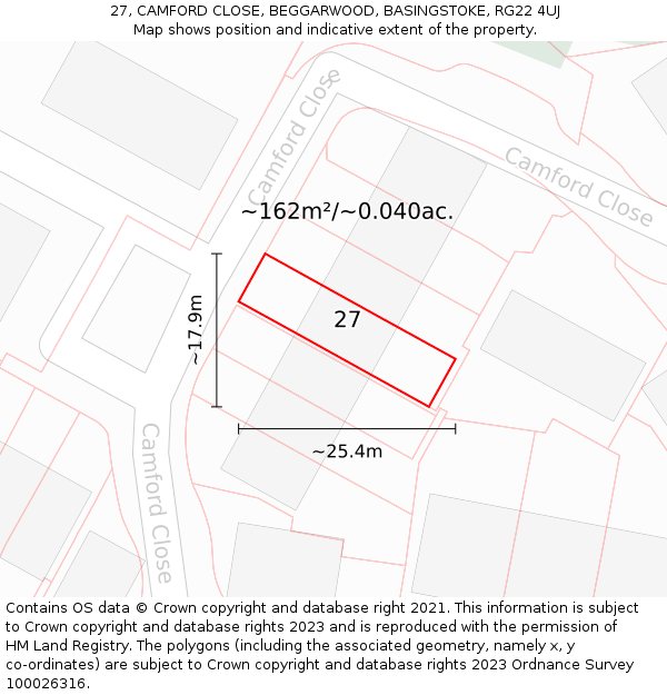 27, CAMFORD CLOSE, BEGGARWOOD, BASINGSTOKE, RG22 4UJ: Plot and title map
