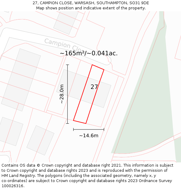 27, CAMPION CLOSE, WARSASH, SOUTHAMPTON, SO31 9DE: Plot and title map